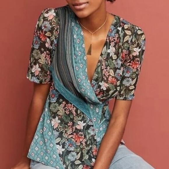 Anthropologie Tiny Patchwork Wrap Top - Picture 1 of 9